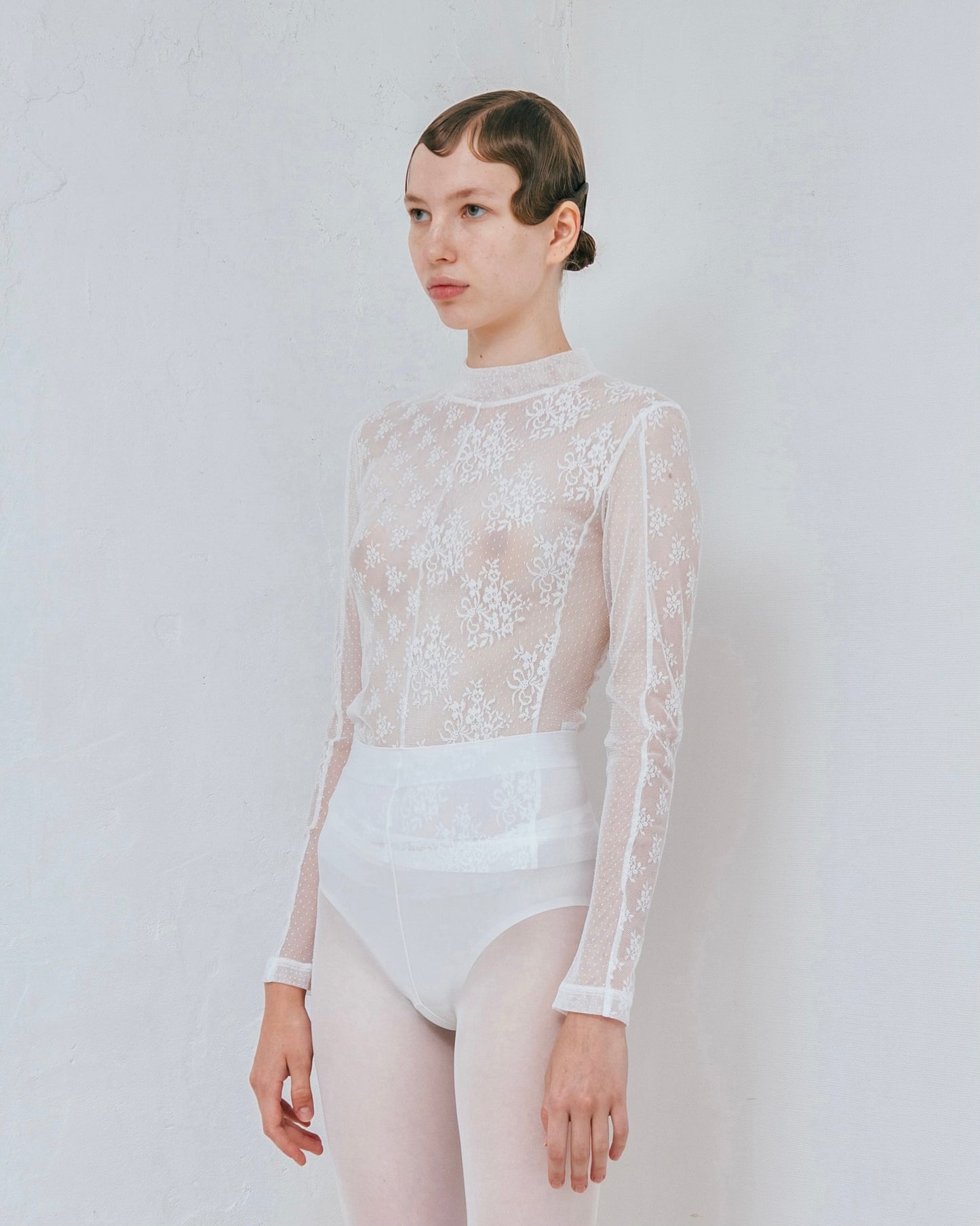 Turtle Neck Lace Patchwork Tops(White)