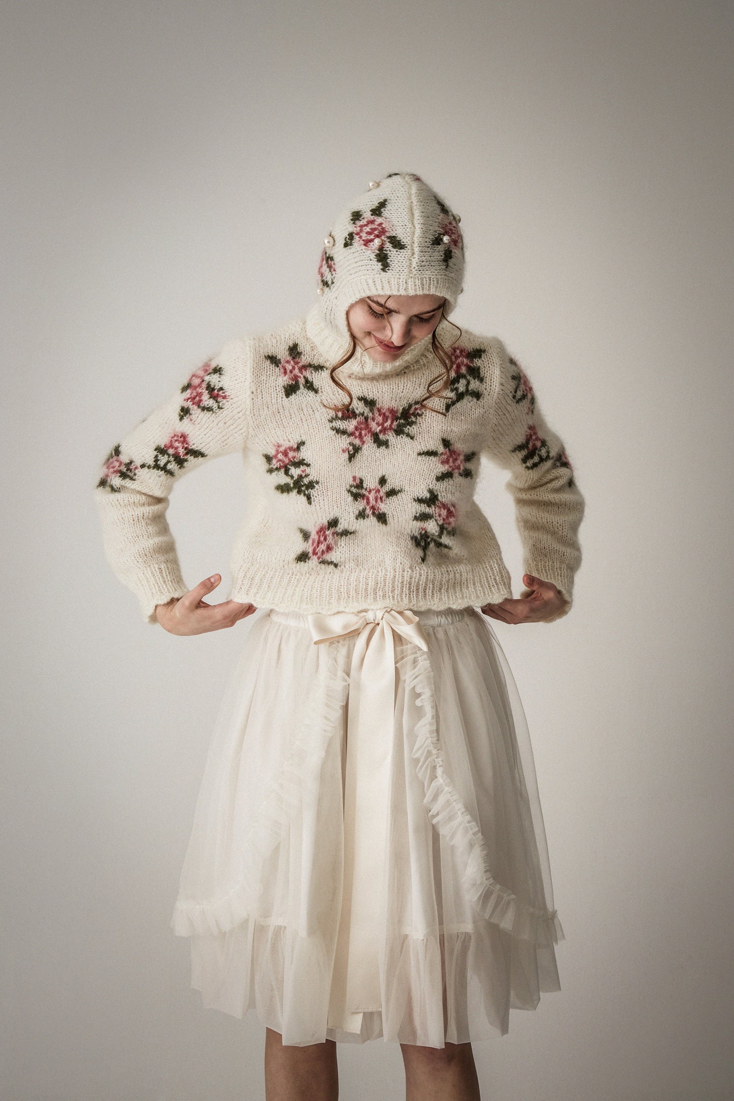 Floral Hand-knit Balaclava(Pink)