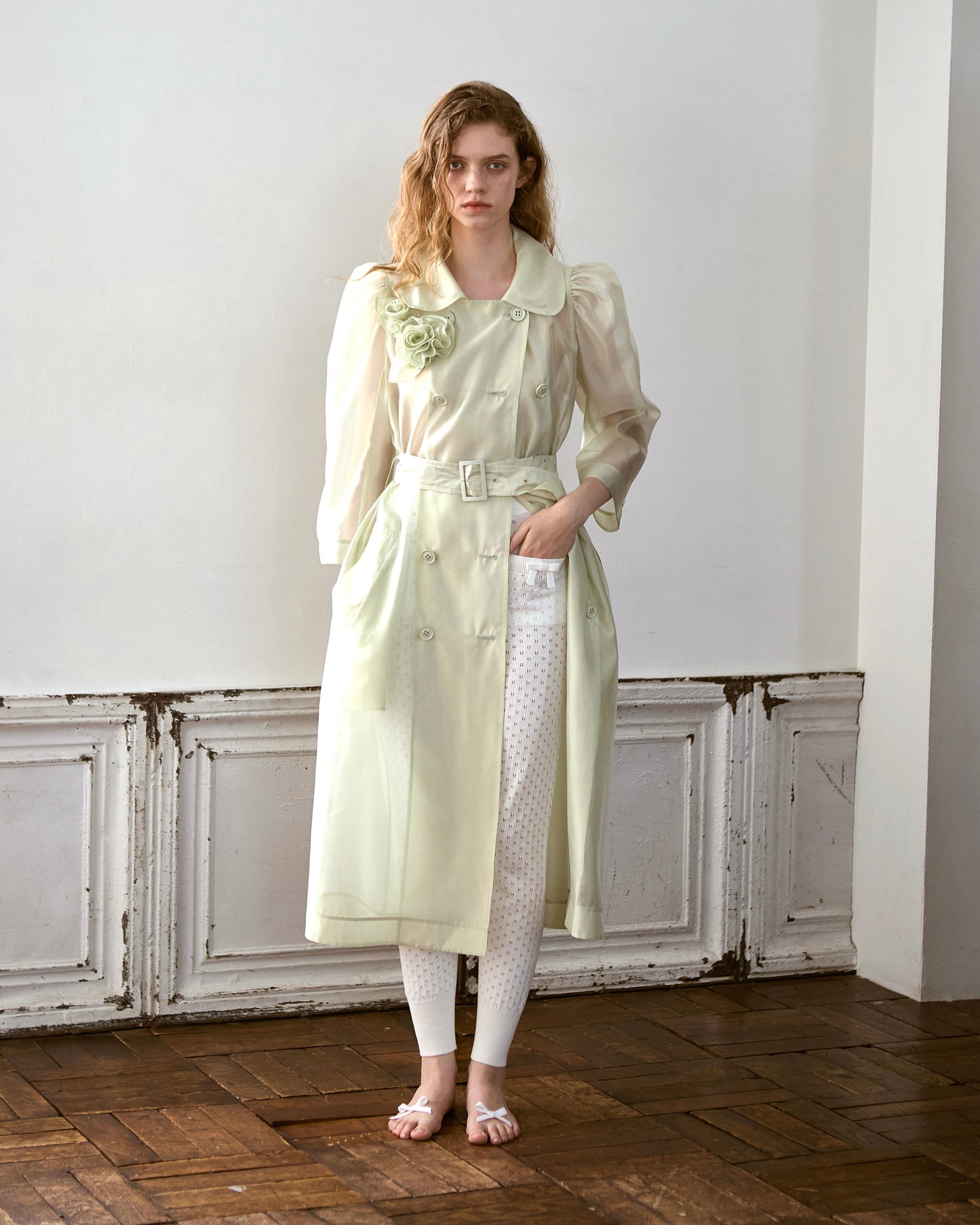 Silk Organza Rose Puff Sleeve Coat(Green)