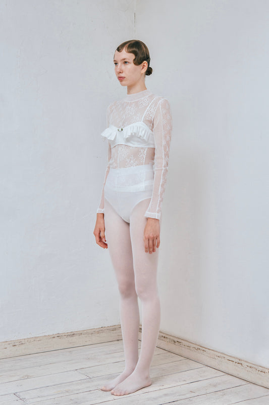 Turtle Neck Lace Patchwork Tops(White)