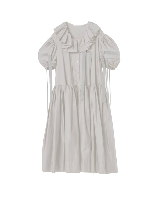 Ribbon-on-the sleeves long dress(White)