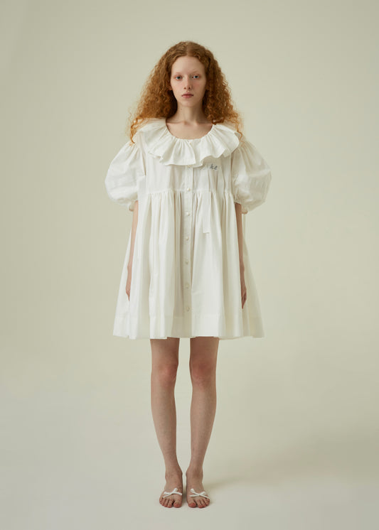 Ribbon-on-the sleeves short dress(White)