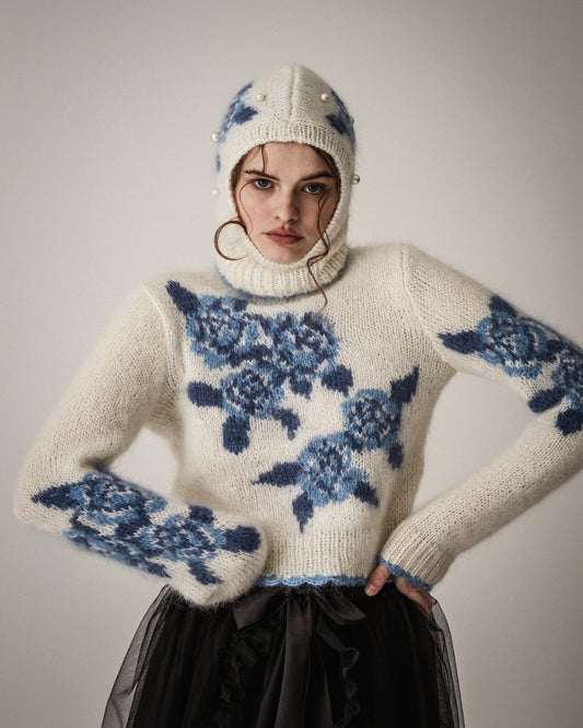 [数量限定]Floral Hand-knit Balaclava(Blue)