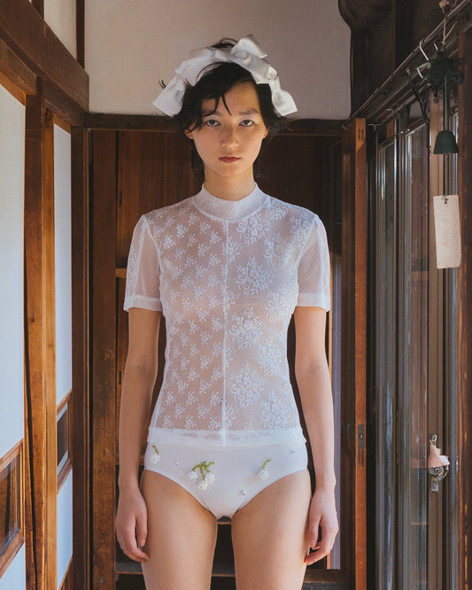 Turtle Neck Lace Patchwork Tops(Short Sleeve)(White)