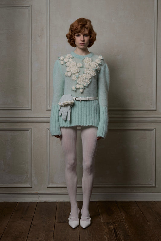 Hand Knit Rose Canvas Sweater(Mint)