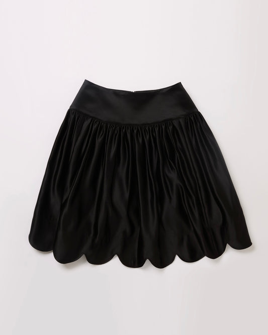 Satin Scalloped-Hem Gathered Skirt(Black)