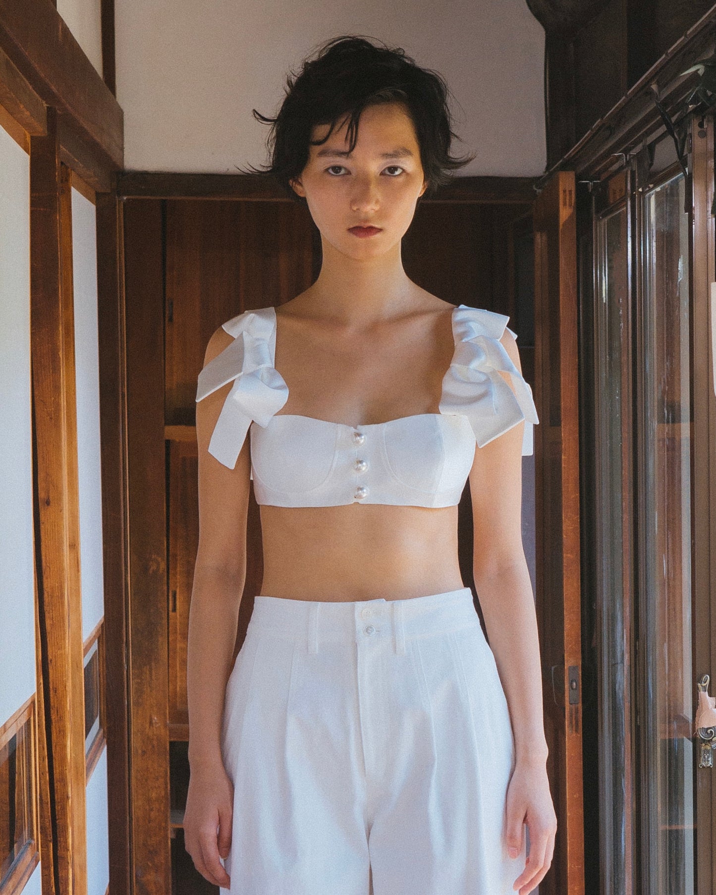 Satin Ribbon Pearl Bustier(White)