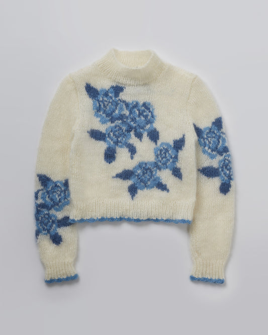 [数量限定]Floral Hand-knit Sweater(Blue)
