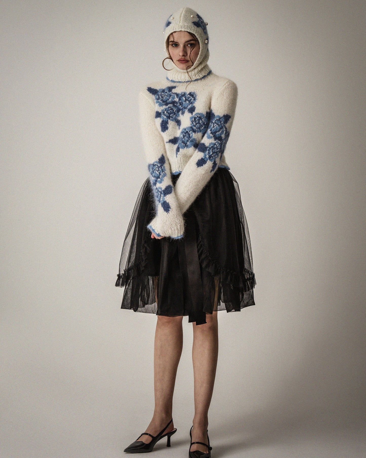 [数量限定]Floral Hand-knit Sweater(Blue)