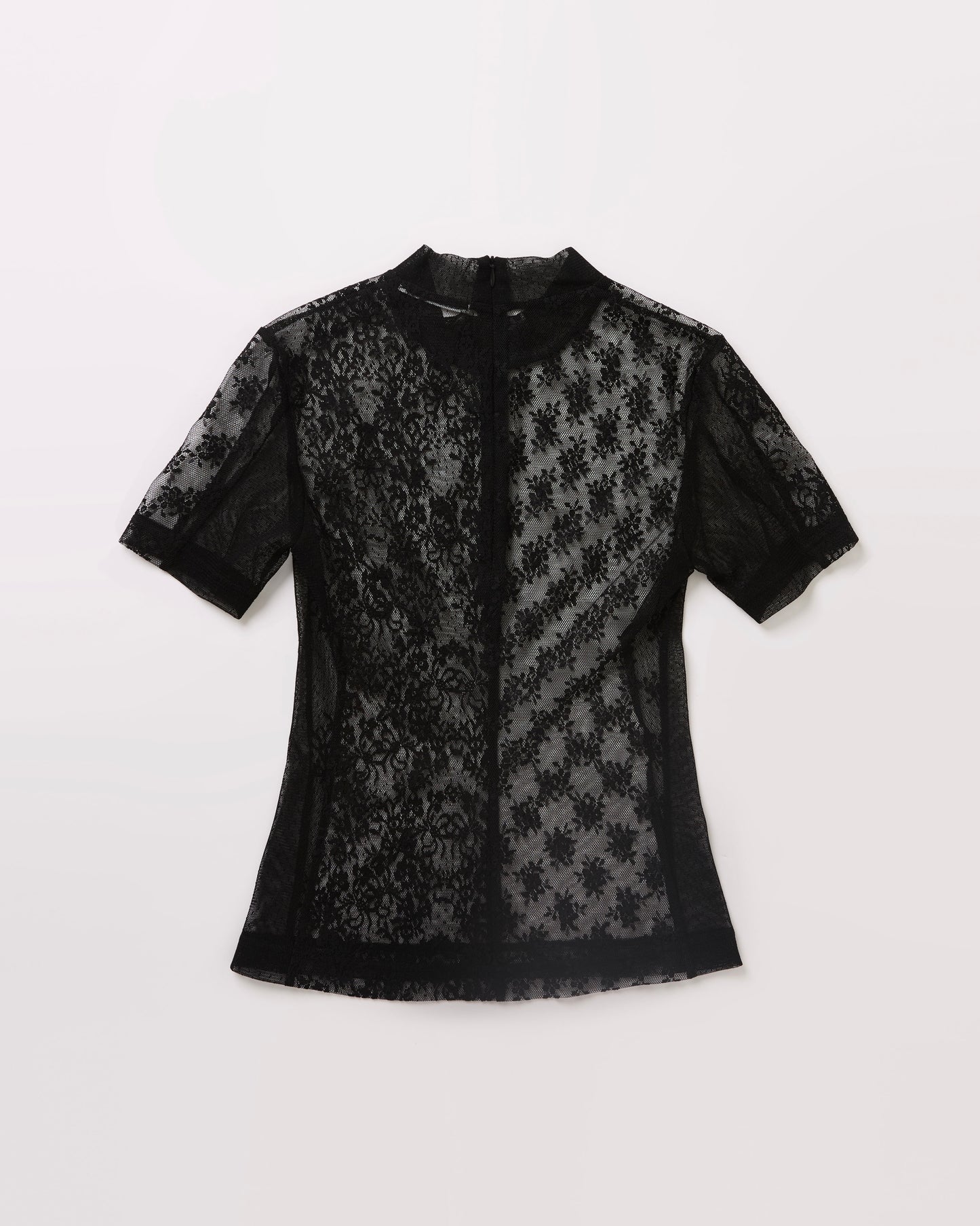 Turtle Neck Lace Patchwork Tops(Short Sleeve)(Black)