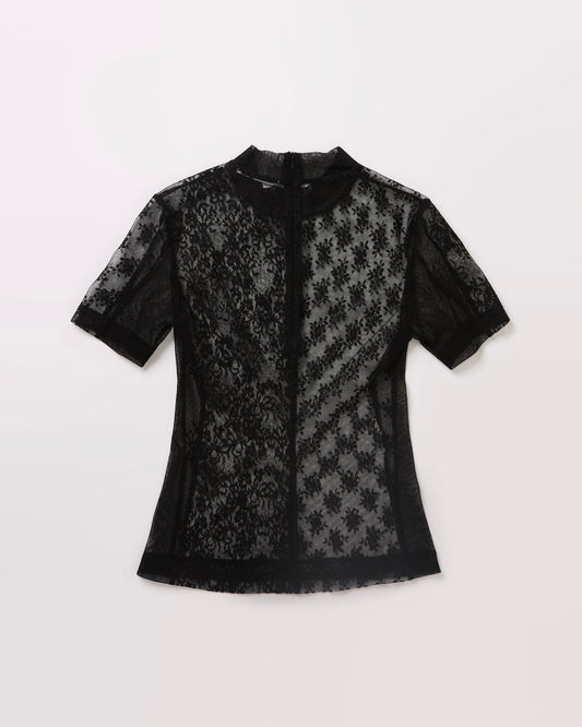 Turtle Neck Lace Patchwork Tops(Short Sleeve)(Black)