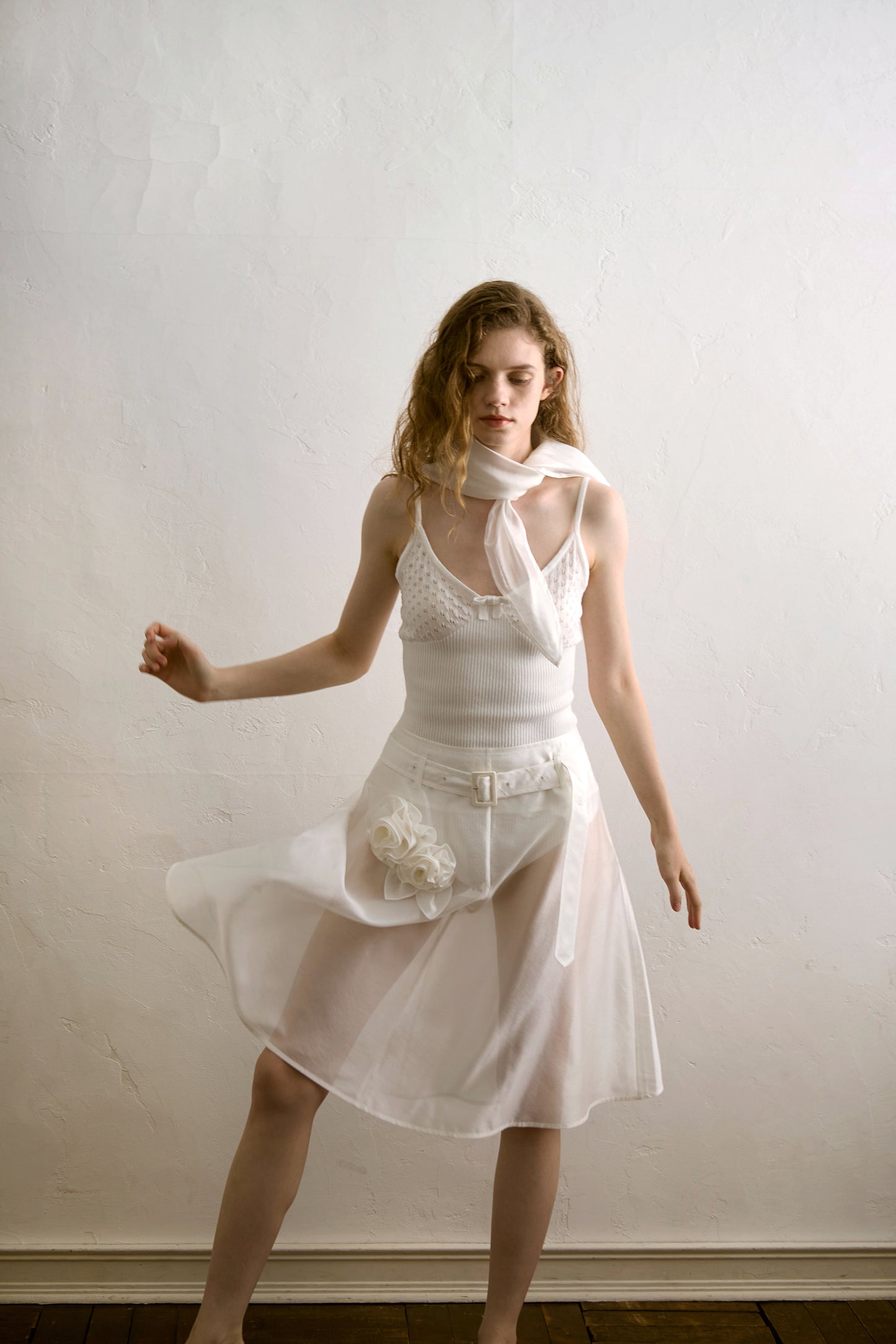 Silk Organza Rose Belt Skirt(White)