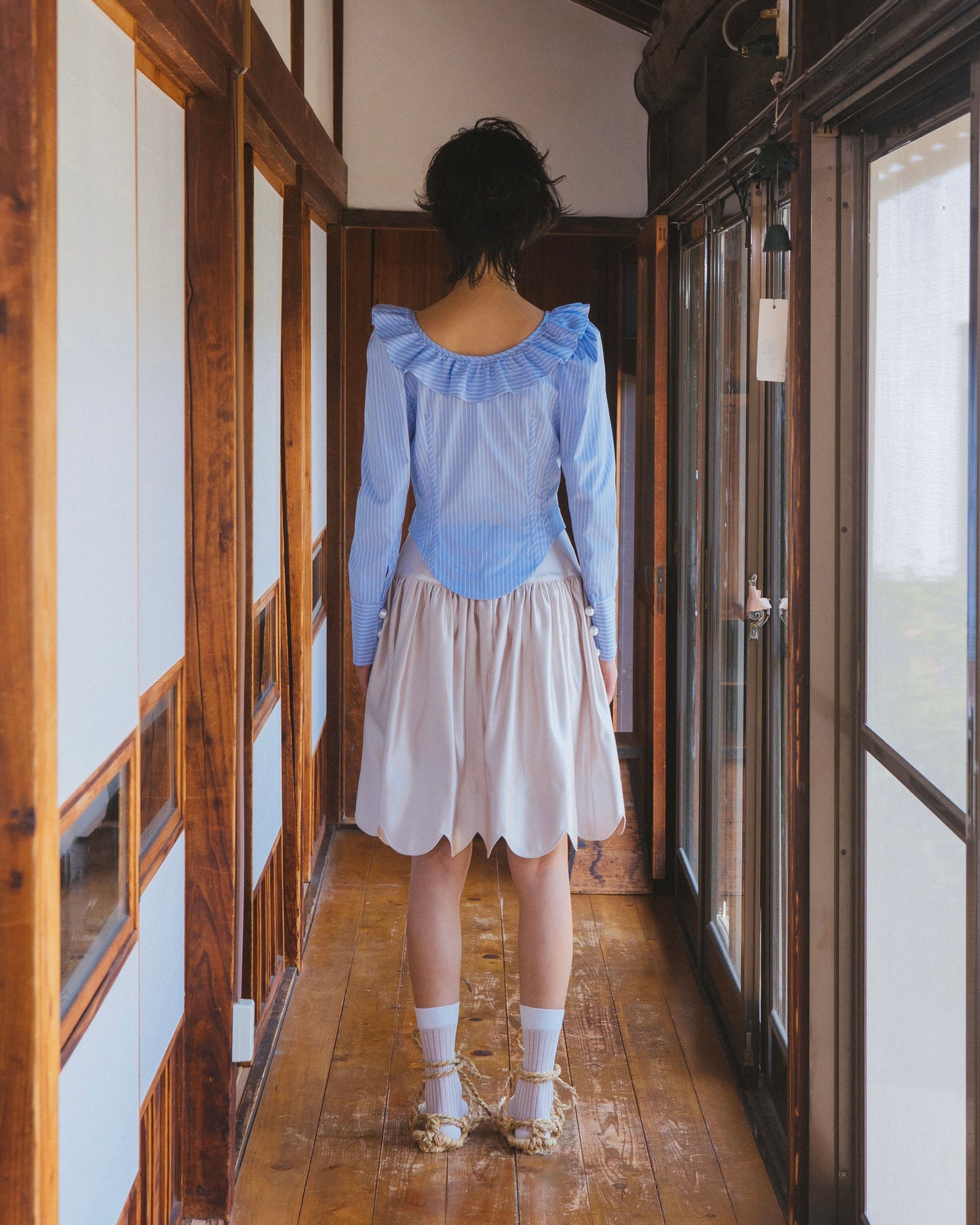 Satin Scalloped-Hem Gathered Skirt(Beige)