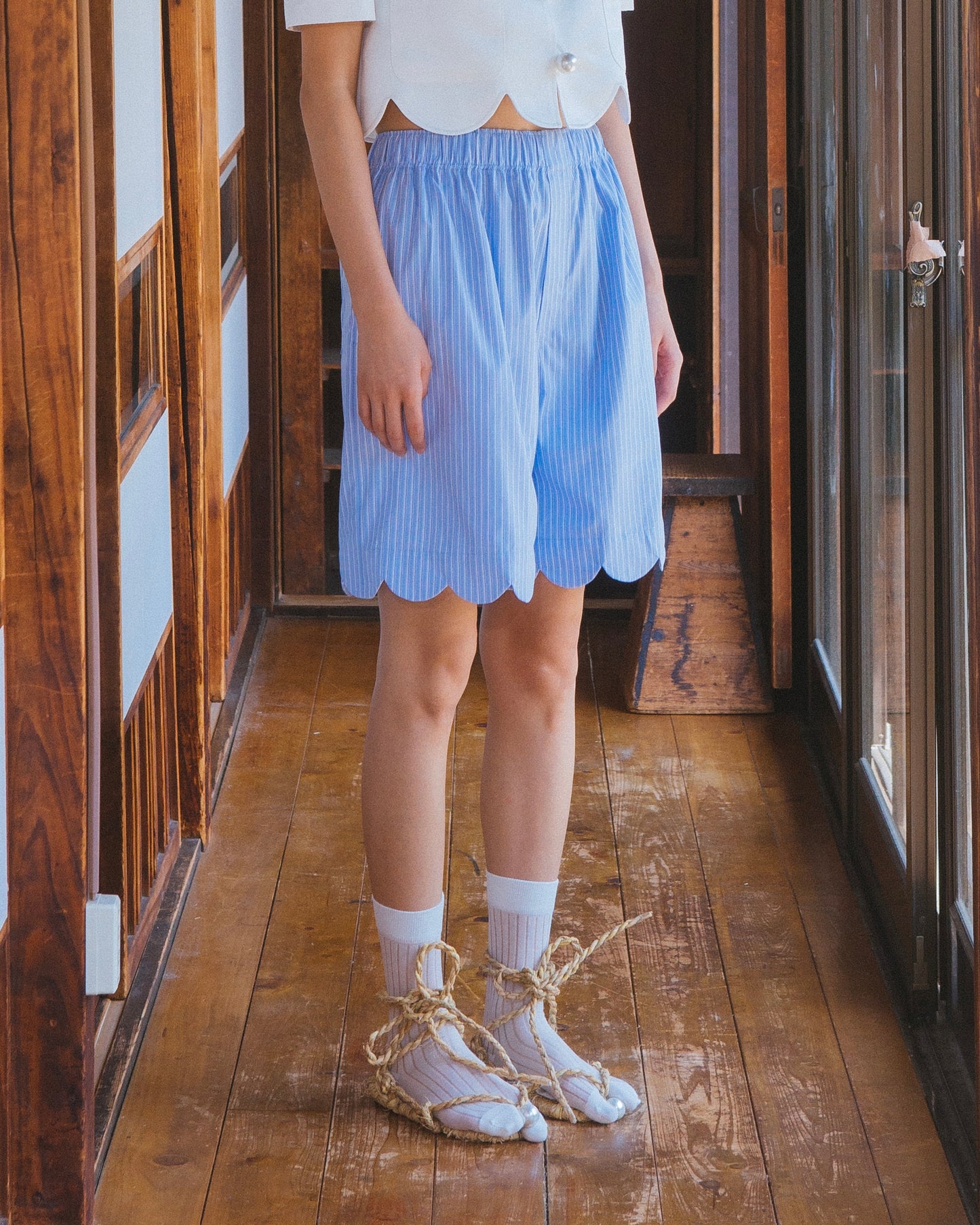 Cotton Scalloped-Hem Short Pants(Stripe)