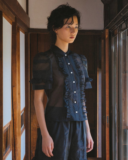 Silk Organza Ruffled Blouse(Black)