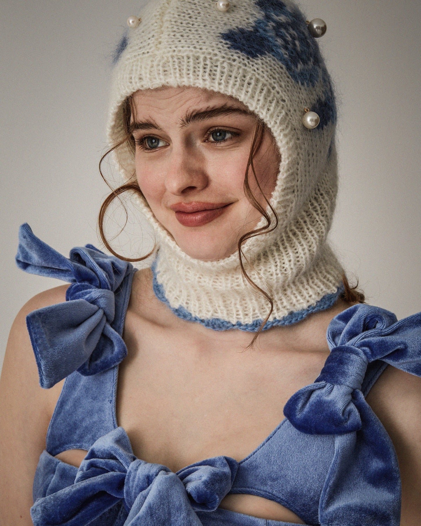 [数量限定]Floral Hand-knit Balaclava(Blue)