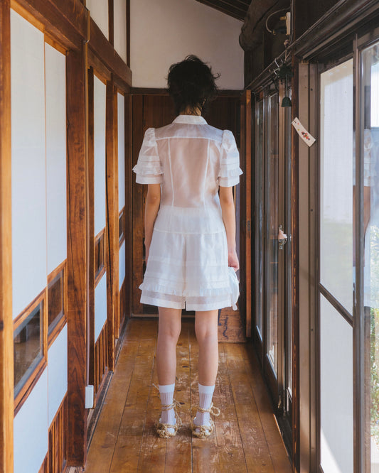 Silk Organza Ruffled Blouse(White)