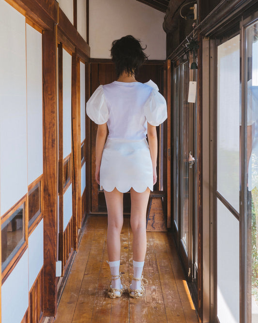 Ribbon Puff Sleeve T-Shirt(White)