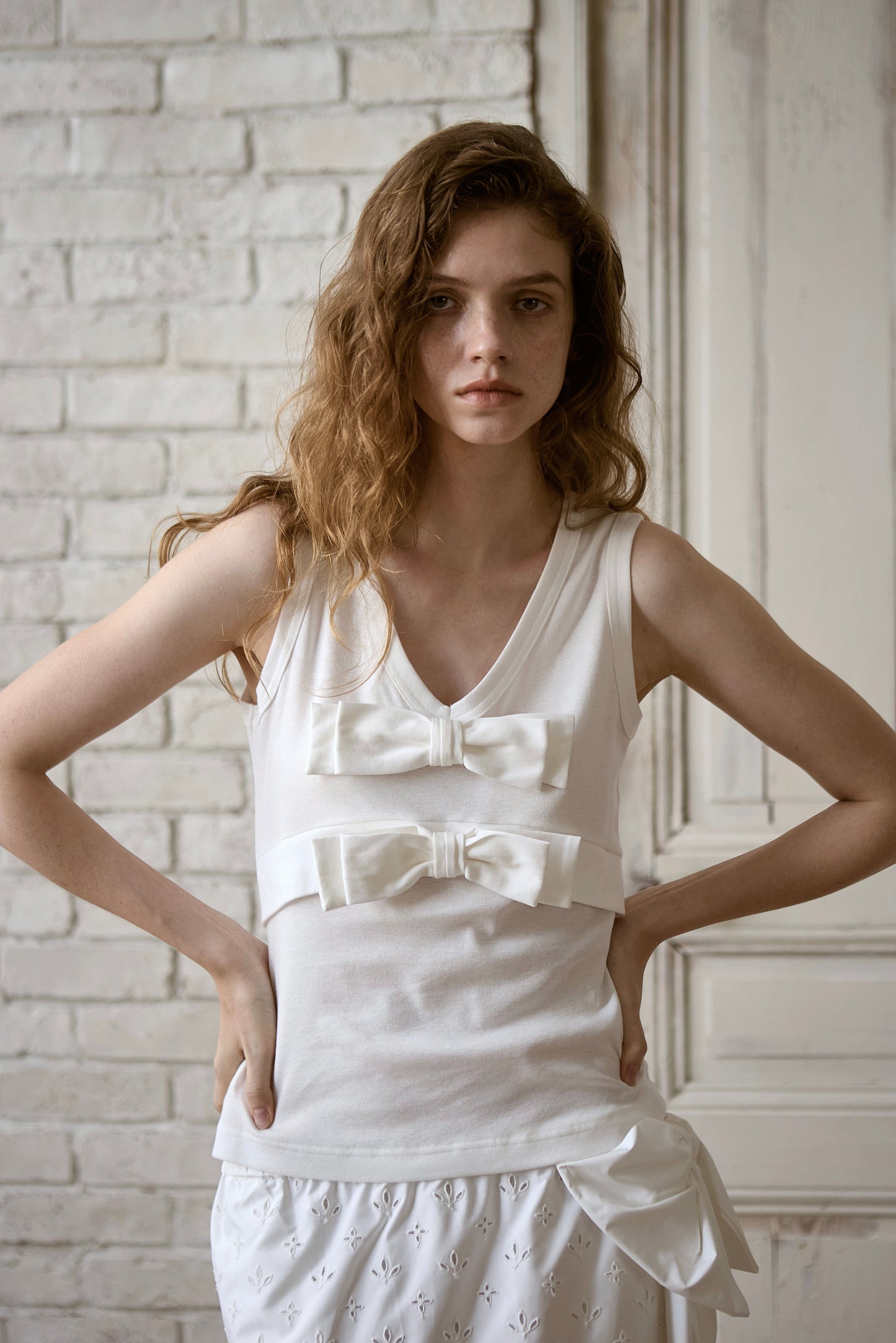 Organic Cotton Bow V-Neck Tank(White)