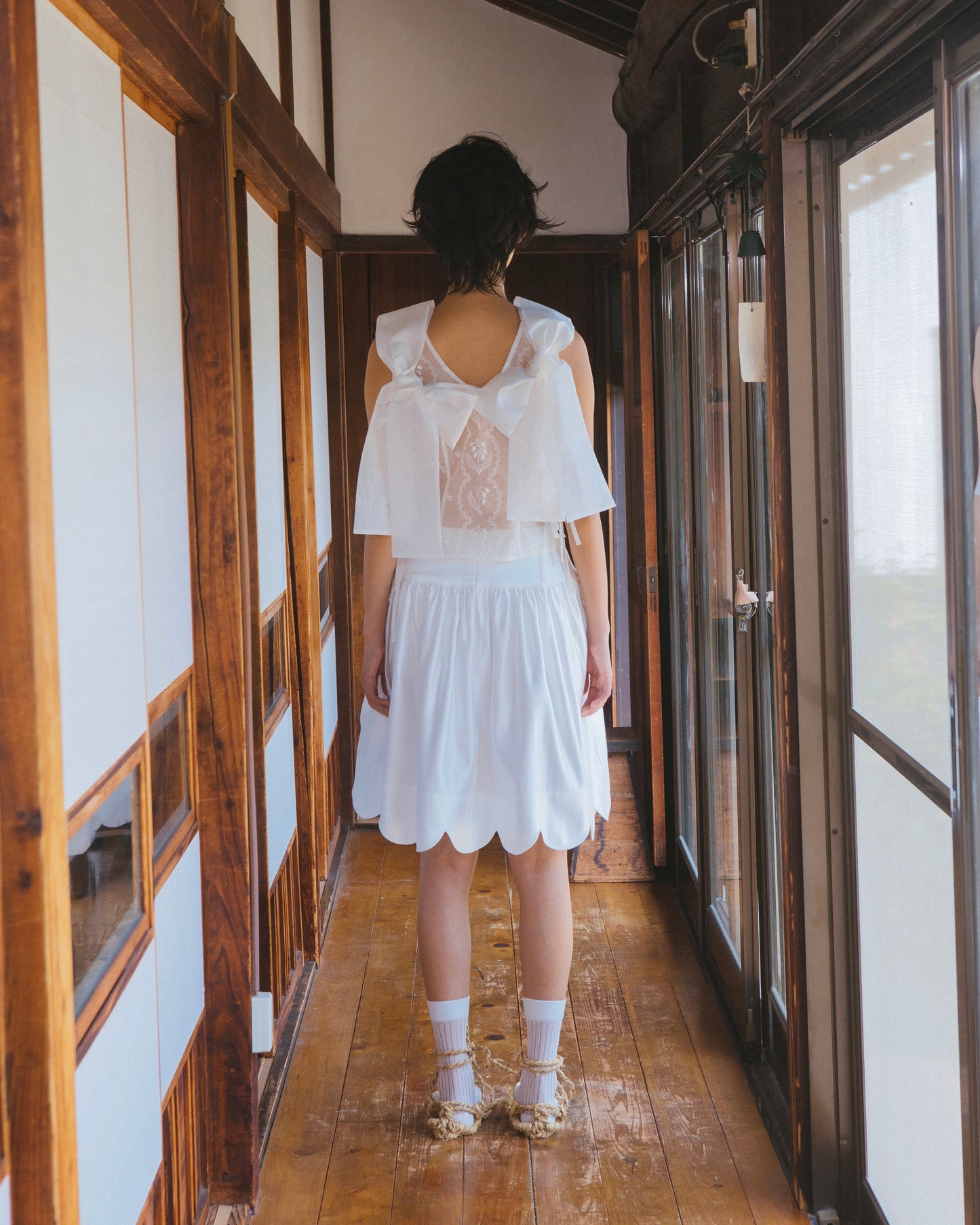 Satin Scalloped-Hem Gathered Skirt(White)