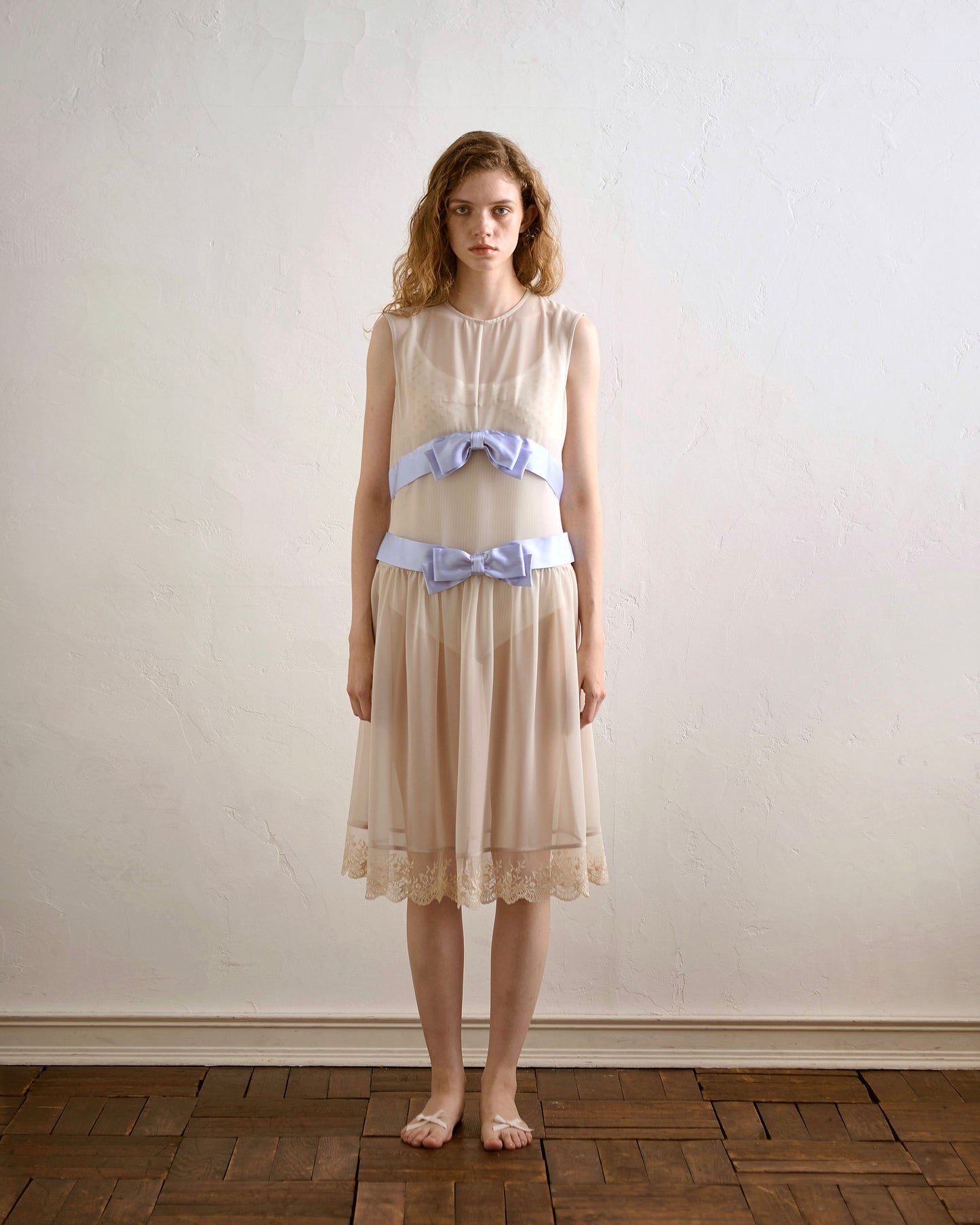 Chiffon Bow Belt Dress(Beige)