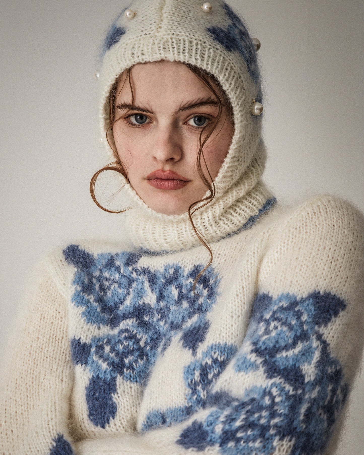 [数量限定]Floral Hand-knit Balaclava(Blue)