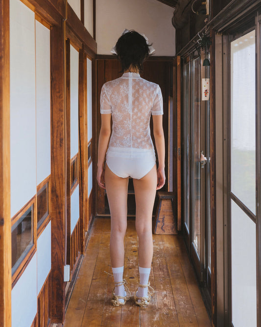 Turtle Neck Lace Patchwork Tops(Short Sleeve)(White)