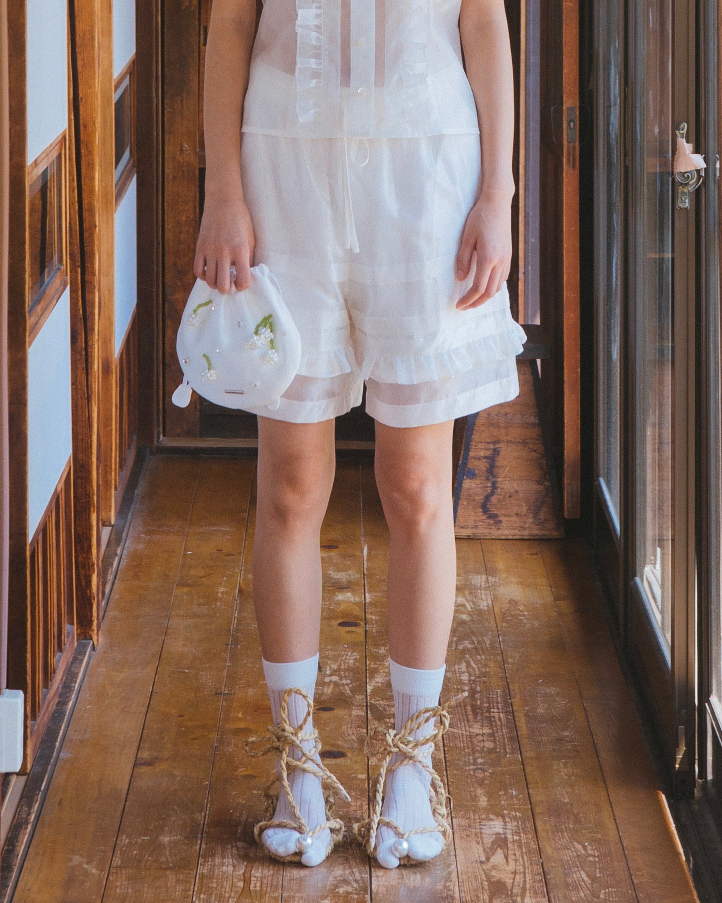 Silk Organza Ruffled Short Pants(White)