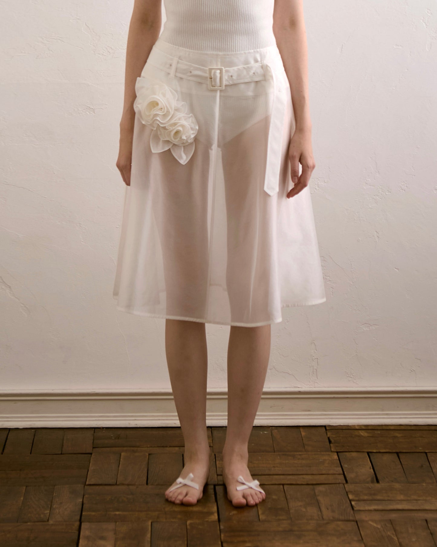 Silk Organza Rose Belt Skirt(White)