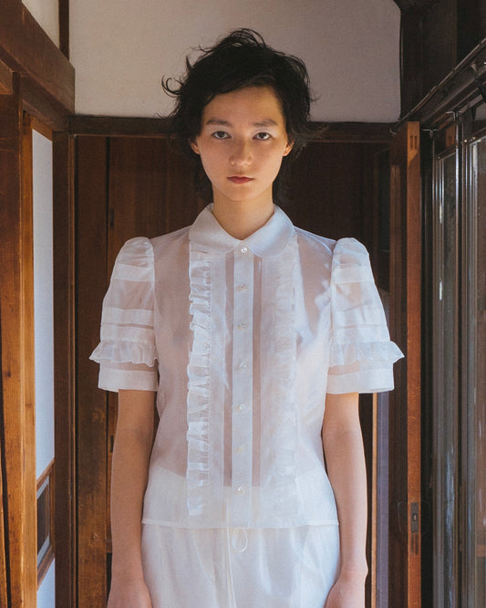 Silk Organza Ruffled Blouse(White)