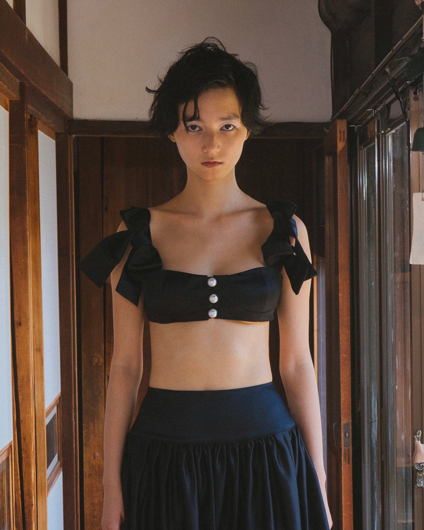 Satin Ribbon Pearl Bustier(Black)