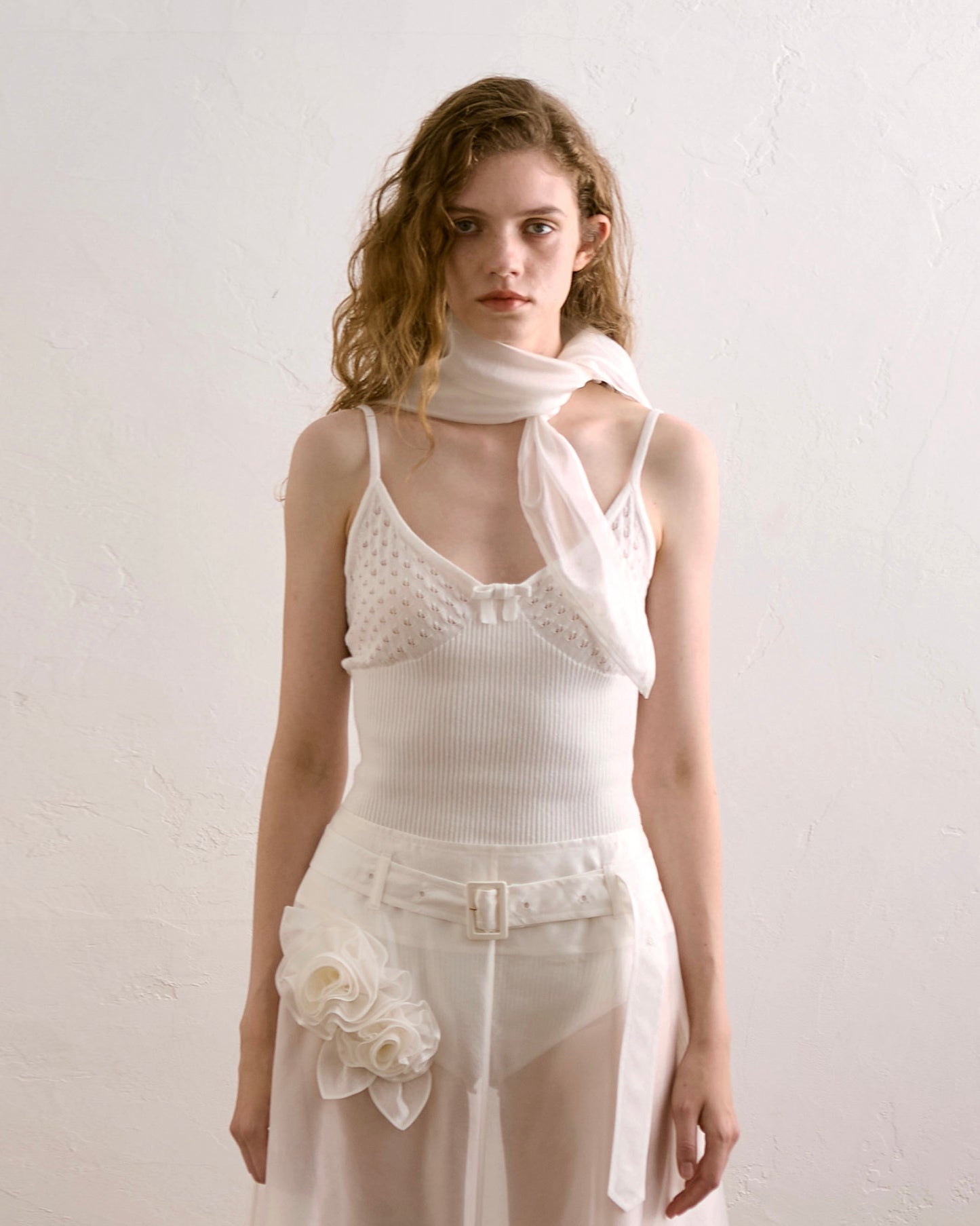 Silk Organza Rose Scarf(White)