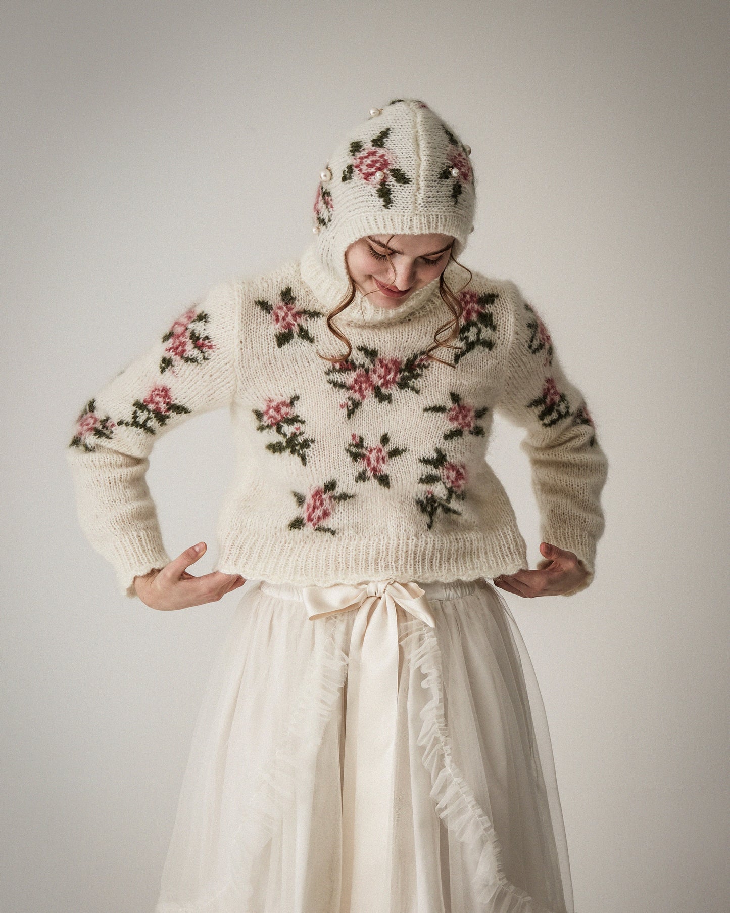 [数量限定]Floral Hand-knit Sweater(Pink)