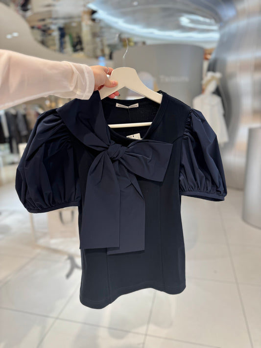 Ribbon Puff Sleeve T-Shirt(Navy)