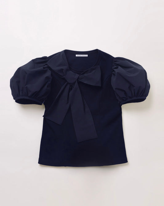 Ribbon Puff Sleeve T-Shirt(Navy)